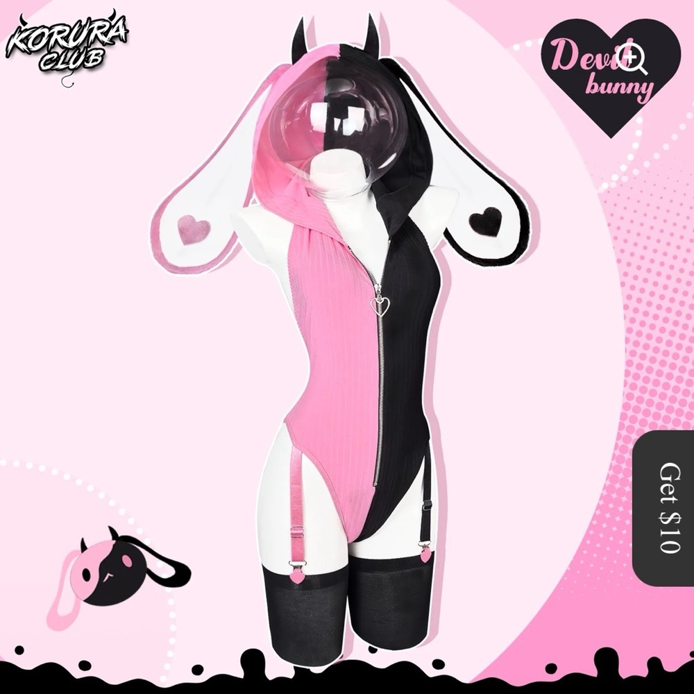 Korura Club Devil Bunny Two-Tone Pink & Black Zip Front Bodysuit